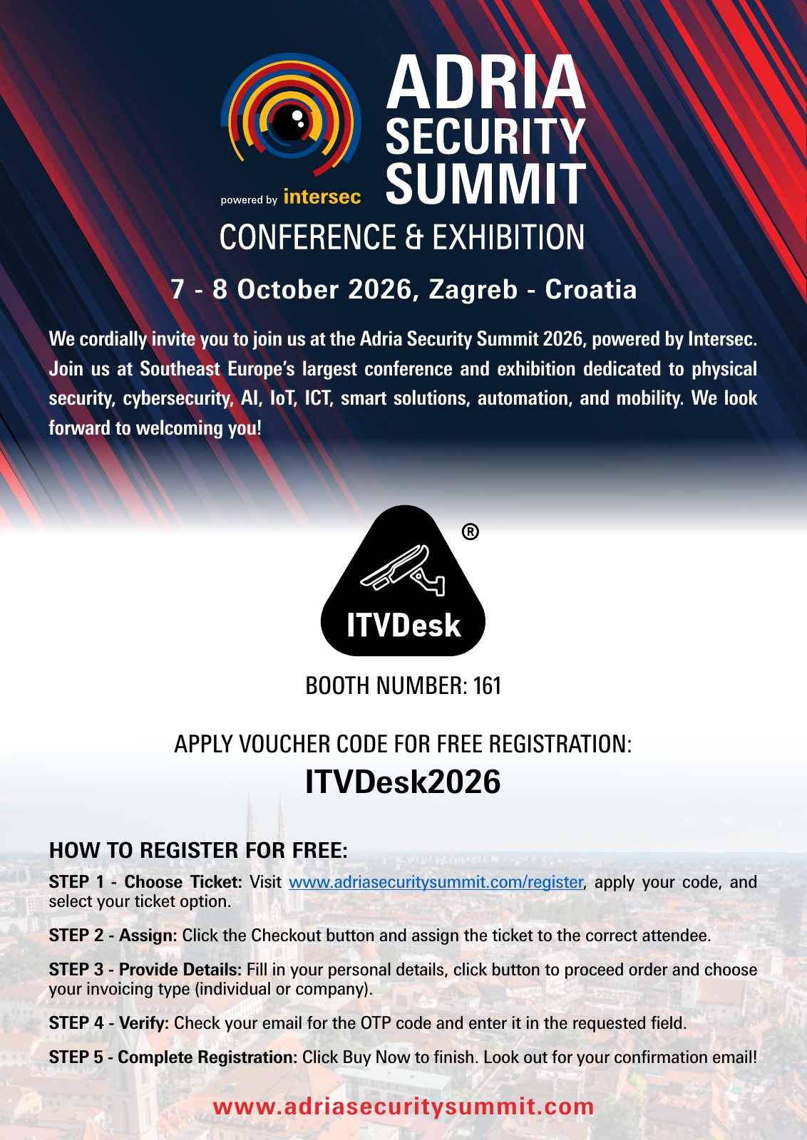 ITVDesk invitation to Adria Security Summit 2026, 7-8 October in Zagreb, booth 161, registration code ITVDesk2026
