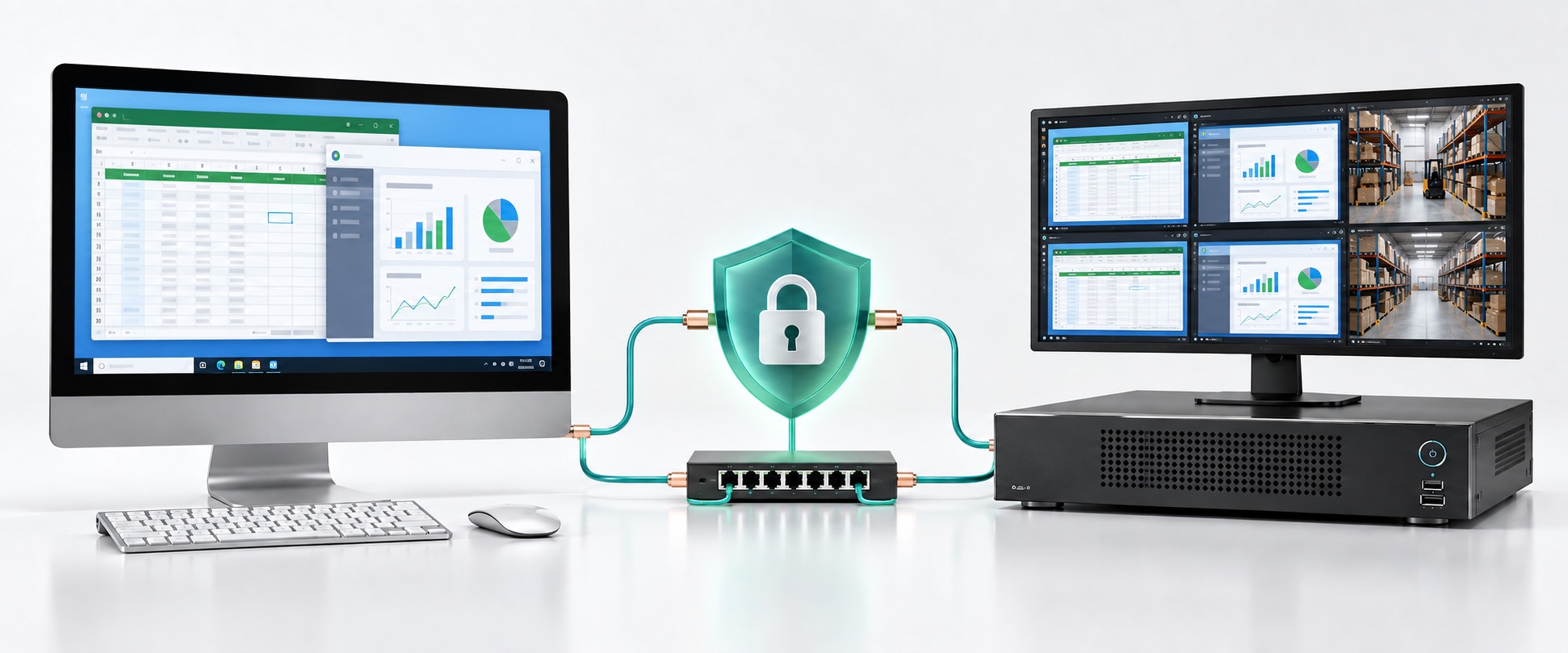 Concept illustration of a business desktop connected to a VMS and network recorder through a protected connection