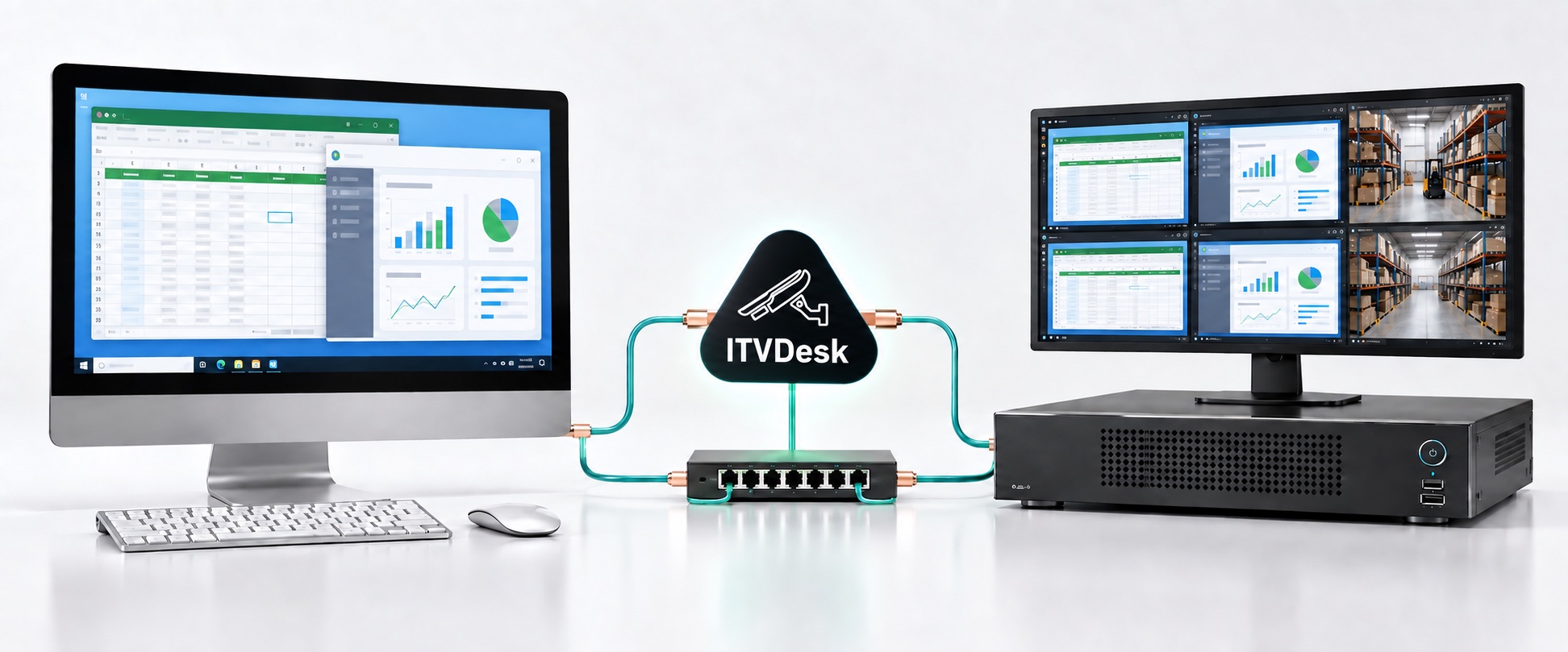 Concept illustration of a business desktop connected to a VMS and network recorder through a protected connection