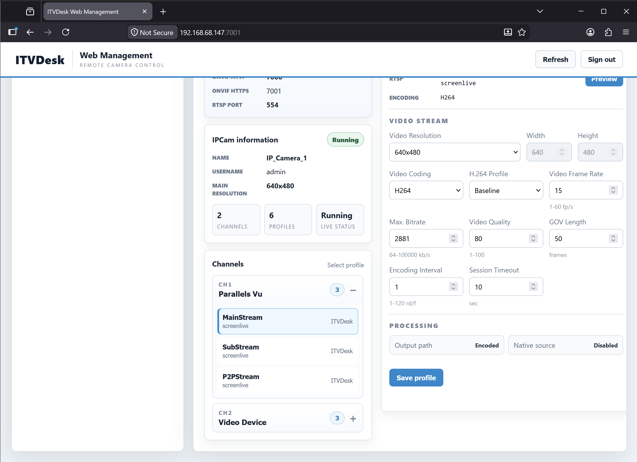 ITVDesk web management status and stream settings