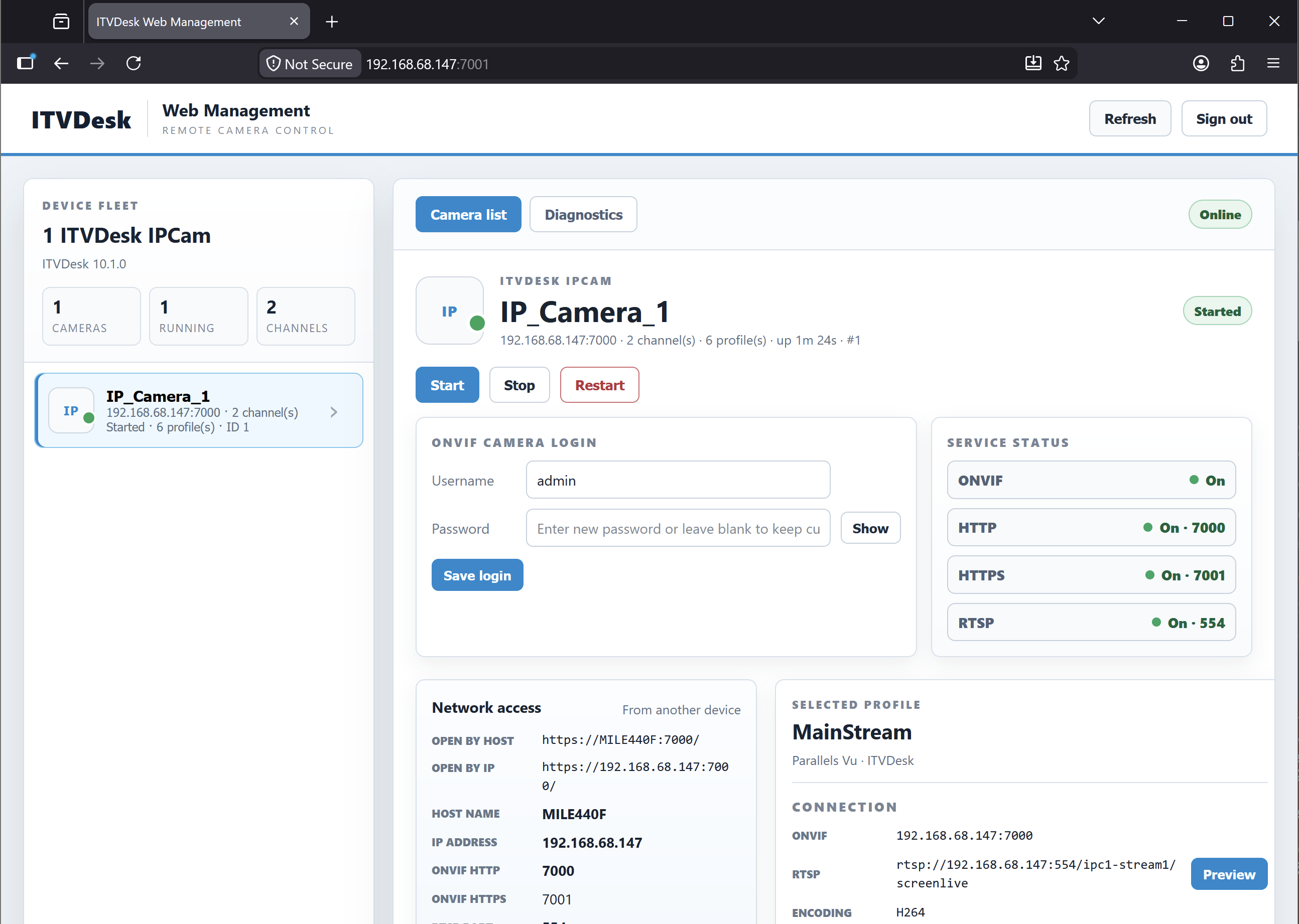 ITVDesk web management camera and channel overview