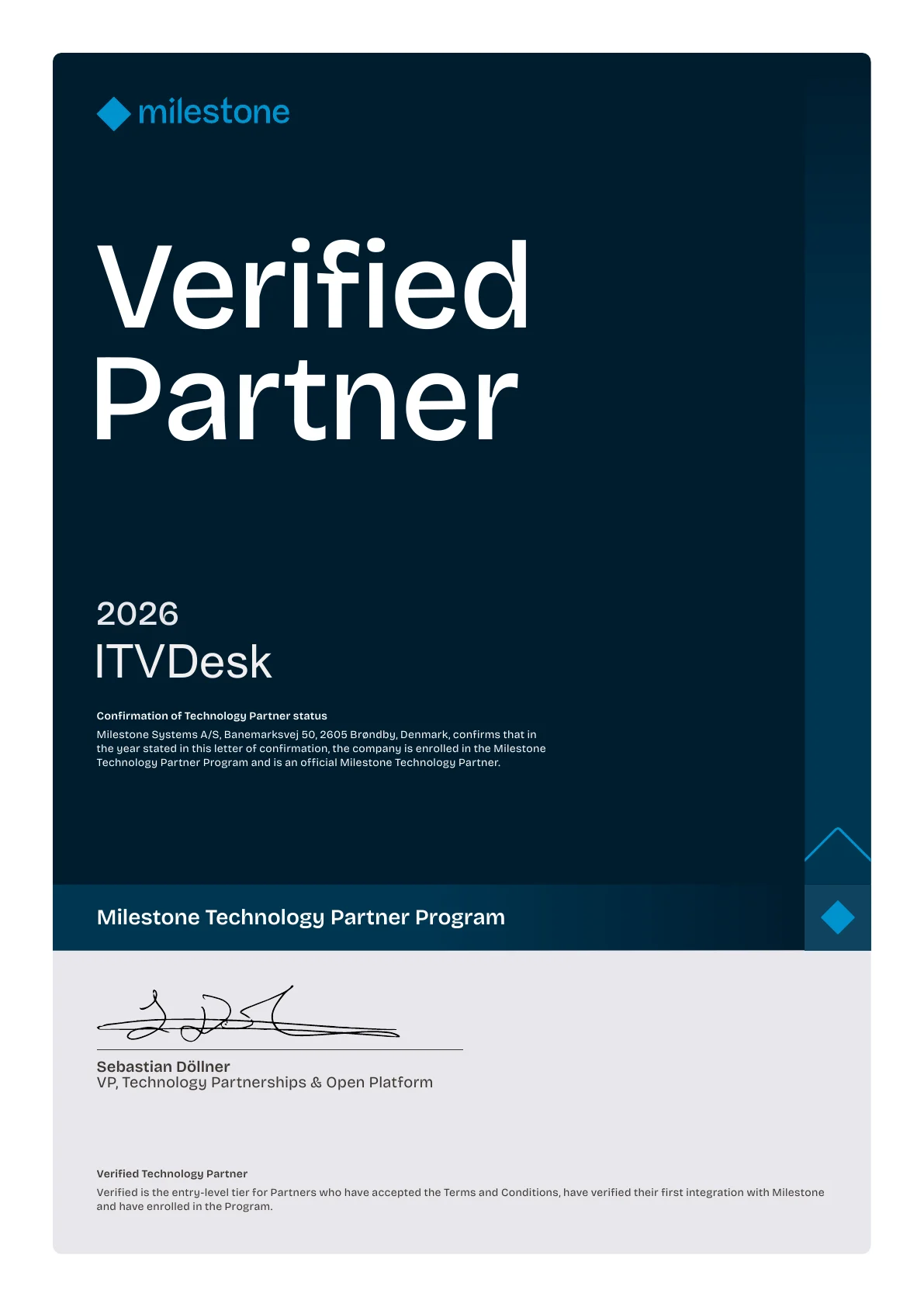 ITVDesk Milestone Verified Technology Partner diploma for 2026